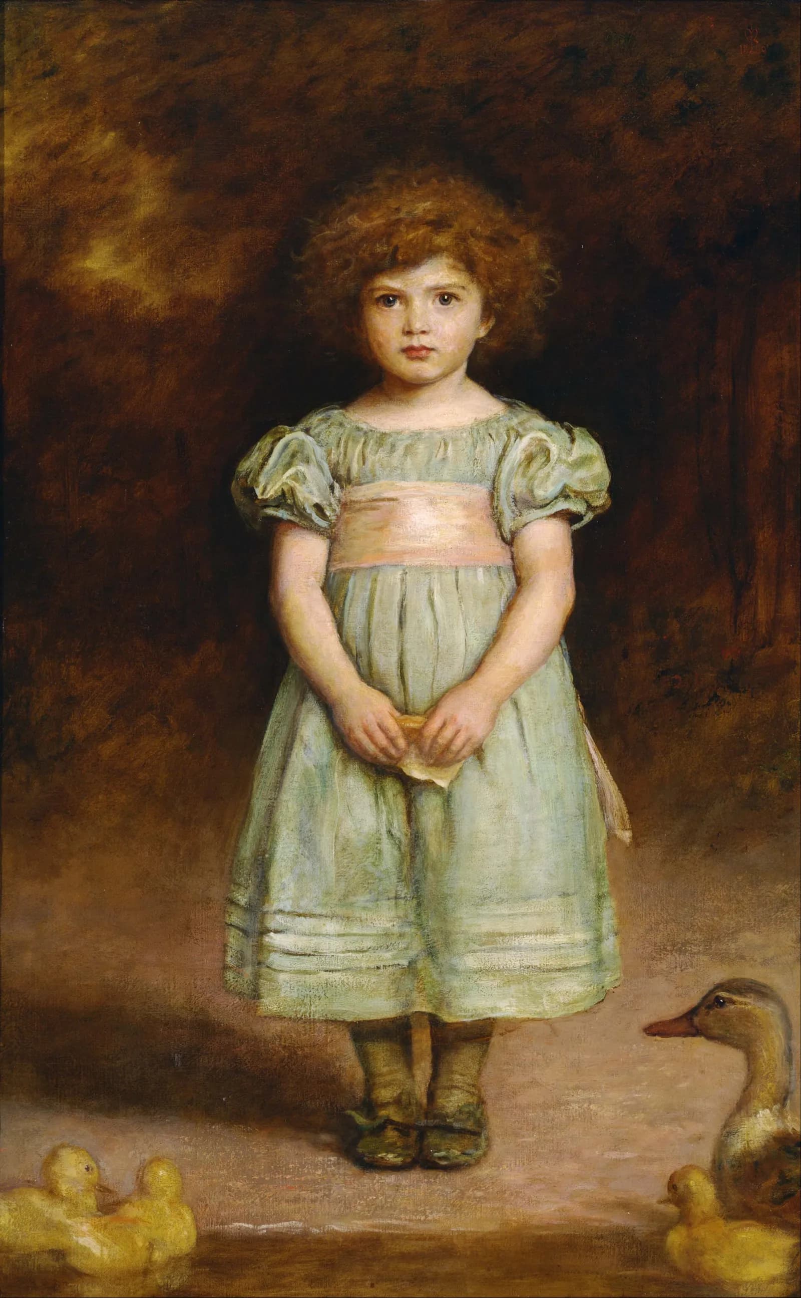 A painting of a young girl with curly red hair, wearing a light green dress with a pink sash, holding something in her hands, while ducks are visible near her feet.
